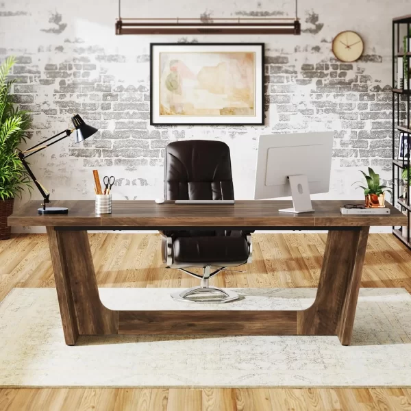 70.87 Inch Executive Computer Desk: Large Home Office Desk with Solid Wooden Pedestal Industrial Wood Study Writing Table - Image 3