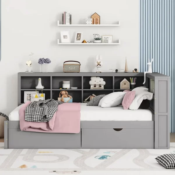 Daybed with Storage Drawers and Bookcase,L-Shape Daybed with USBPorts and Headboard,Wood Corner Bed Frame with Headboard Storage - Image 10