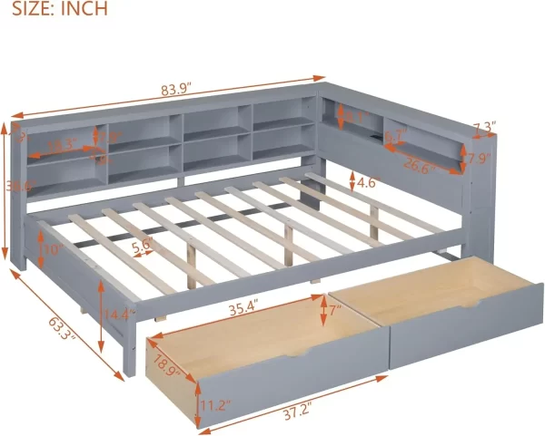 Daybed with Storage Drawers and Bookcase,L-Shape Daybed with USBPorts and Headboard,Wood Corner Bed Frame with Headboard Storage - Image 11