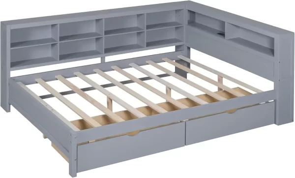 Daybed with Storage Drawers and Bookcase,L-Shape Daybed with USBPorts and Headboard,Wood Corner Bed Frame with Headboard Storage - Image 13