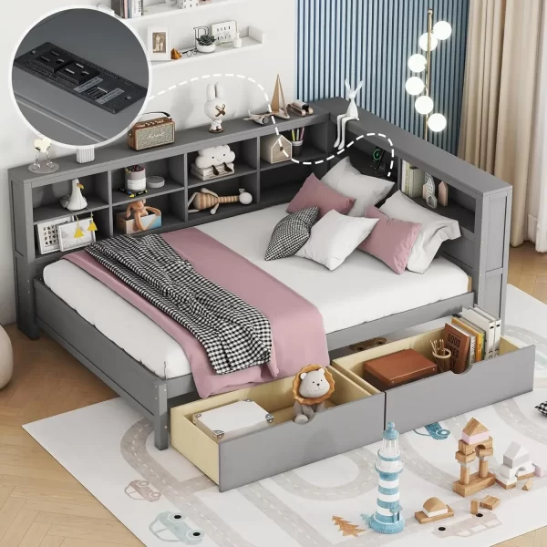 Daybed with Storage Drawers and Bookcase,L-Shape Daybed with USBPorts and Headboard,Wood Corner Bed Frame with Headboard Storage - Image 9