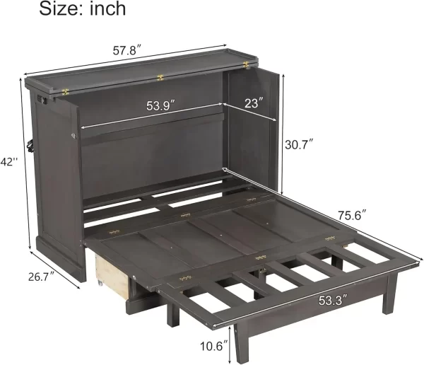 Full Murphy Bed Cabinet with Charging Station Storage Drawer Modern Grey Bedroom Furniture 600lbs Capacity Kit - Image 2