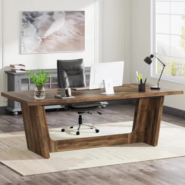 70.87 Inch Executive Computer Desk: Large Home Office Desk with Solid Wooden Pedestal Industrial Wood Study Writing Table