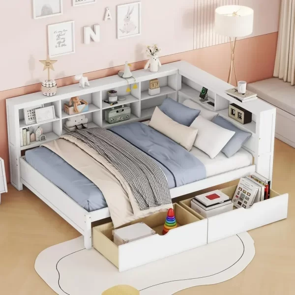 Daybed with Storage Drawers and Bookcase,L-Shape Daybed with USBPorts and Headboard,Wood Corner Bed Frame with Headboard Storage - Image 3