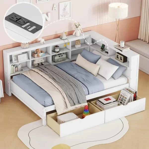 Daybed with Storage Drawers and Bookcase,L-Shape Daybed with USBPorts and Headboard,Wood Corner Bed Frame with Headboard Storage