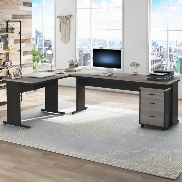 83 Inch L-Shaped Desk with Drawers Large Executive Office Desk with 3-Drawer File Cabinet Industrial Corner Computer Desk - Image 3