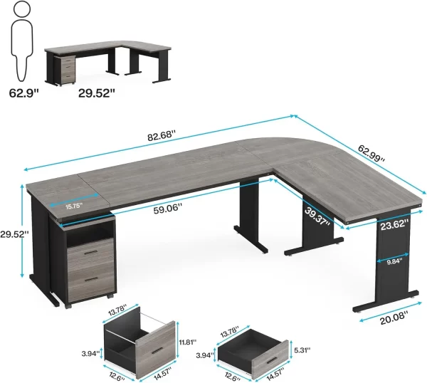 83 Inch L-Shaped Desk with Drawers Large Executive Office Desk with 3-Drawer File Cabinet Industrial Corner Computer Desk - Image 2