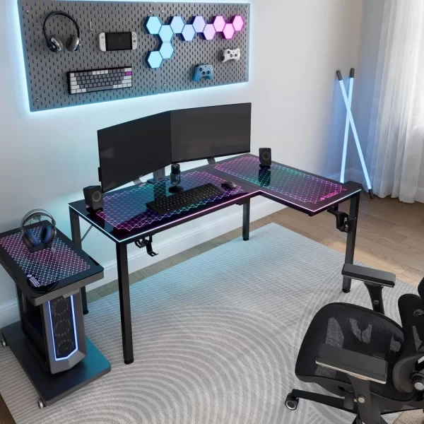 60 Inch L Shaped Gaming Desk, L Shaped Reversible Home Office Glass Computer Table