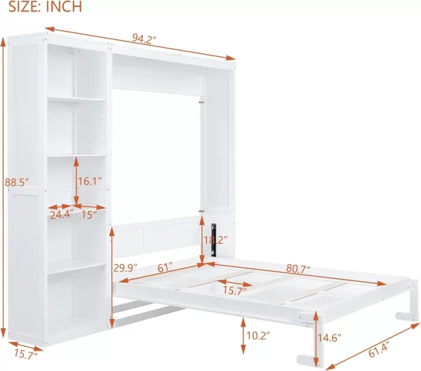 Queen Size Murphy Bed Wooden Wall Bed with Shelves White Crafted from durable industrial-grade laminated MDF and plywood - Image 2