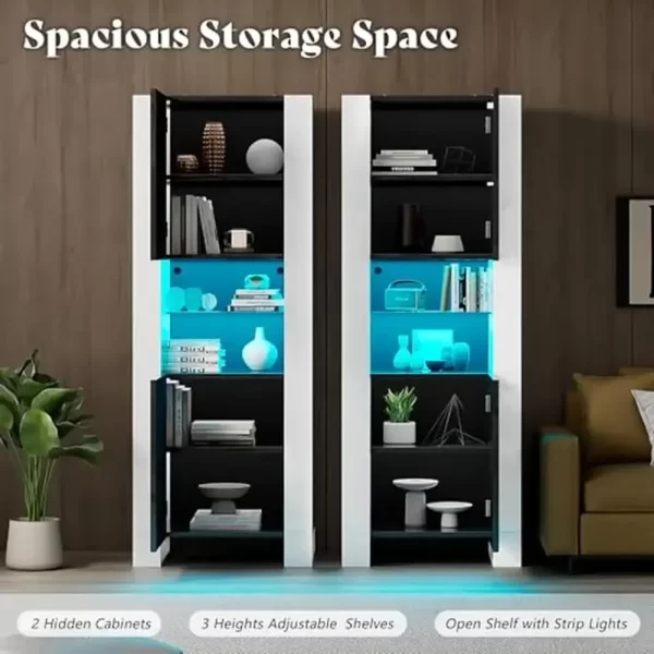 6-Tier LED Bookcase Storage Cabinet Adjustable Shelves Glossy Display Living Room Shelf - Image 3