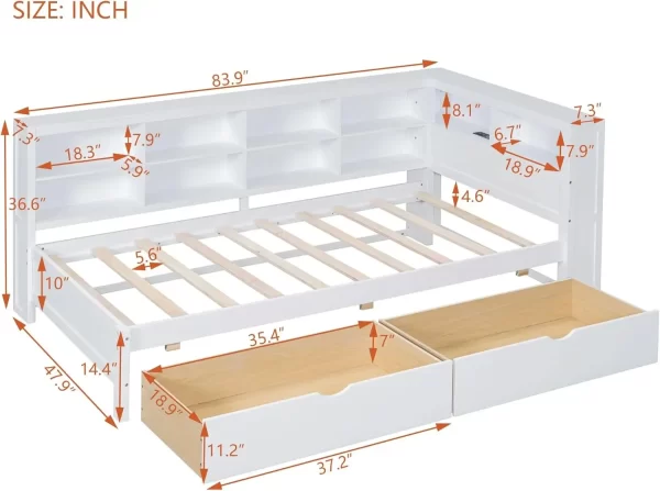 Daybed with Storage Drawers and Bookcase,L-Shape Daybed with USBPorts and Headboard,Wood Corner Bed Frame with Headboard Storage - Image 14