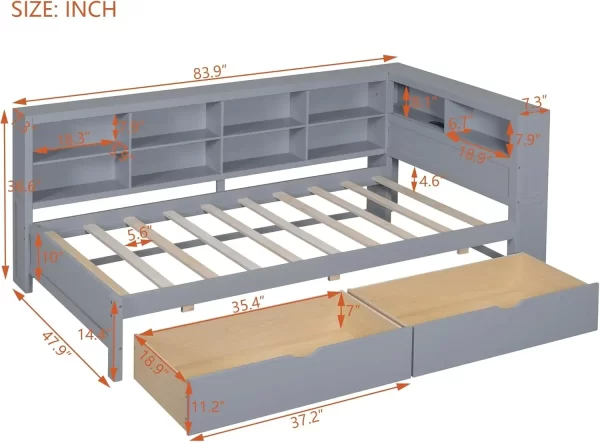 Daybed with Storage Drawers and Bookcase,L-Shape Daybed with USBPorts and Headboard,Wood Corner Bed Frame with Headboard Storage - Image 15