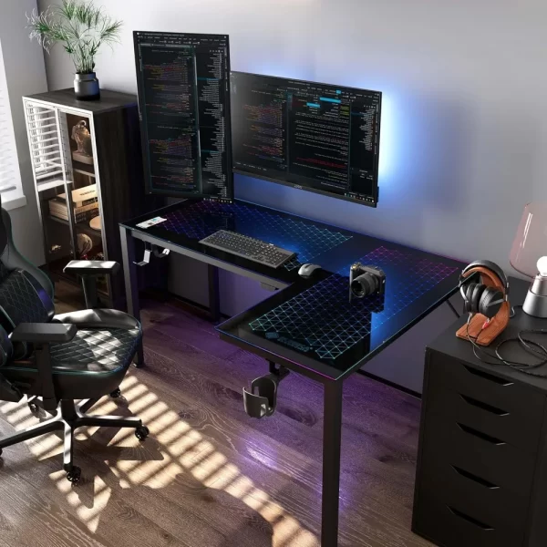 60 Inch L Shaped Gaming Desk, L Shaped Reversible Home Office Glass Computer Table - Image 4